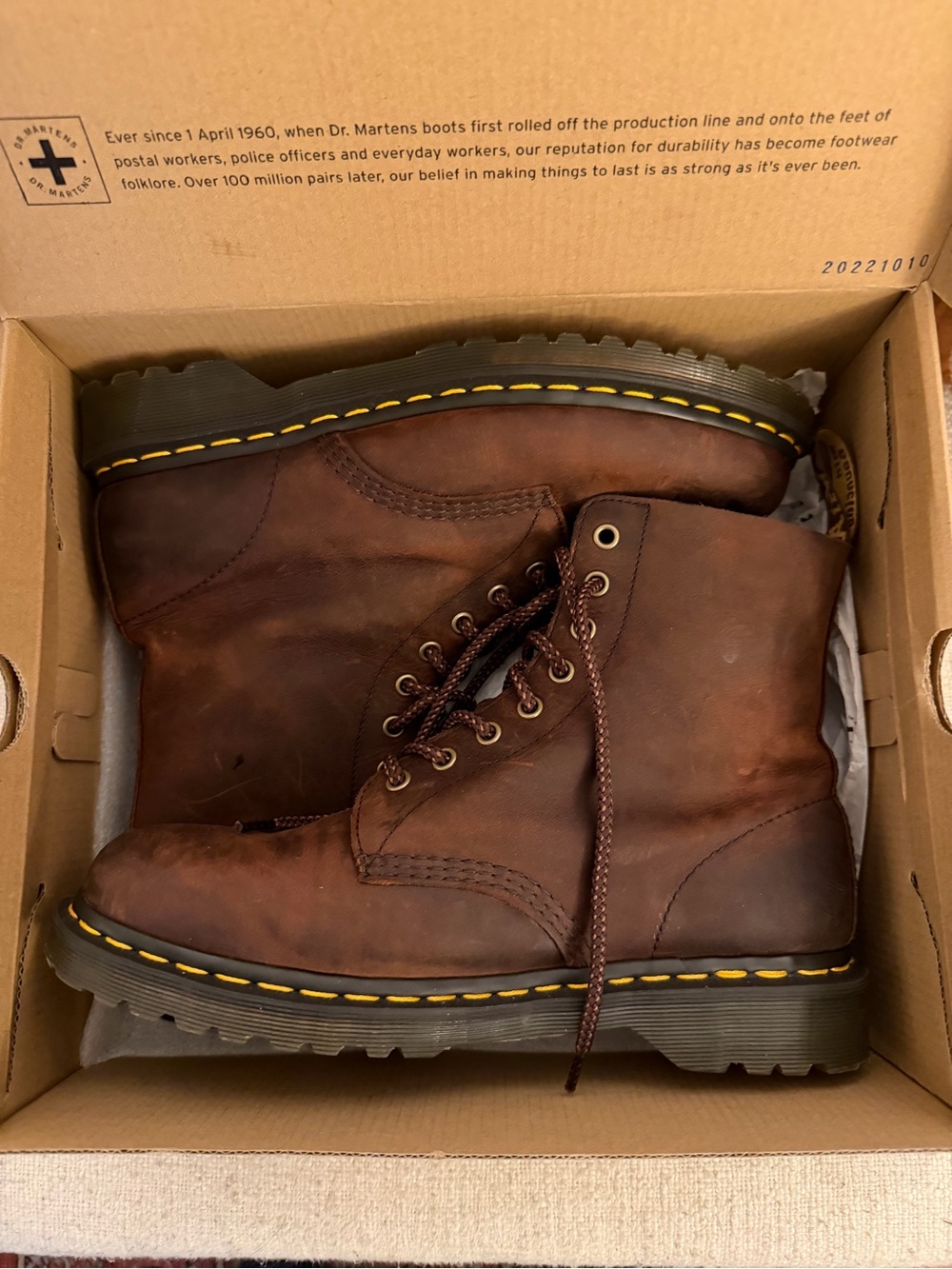 Dr. Martens Men’s Size 10 1460 Pascal Brown Leather Boots with Yellow Stitching